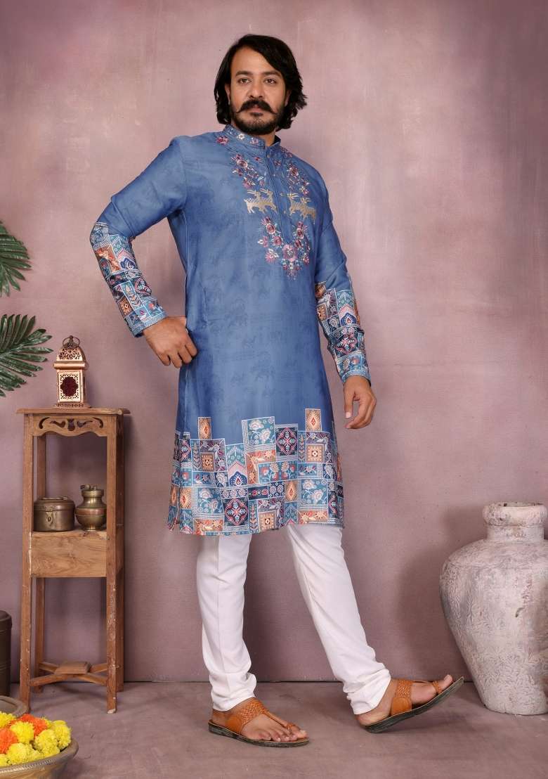 Blue Embroidered Cotton Kurta Pyjama For Men - Indya