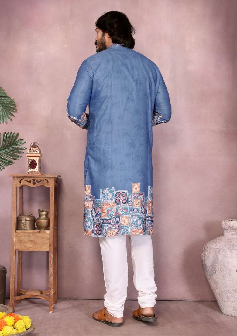 Blue Embroidered Cotton Kurta Pyjama For Men - Indya