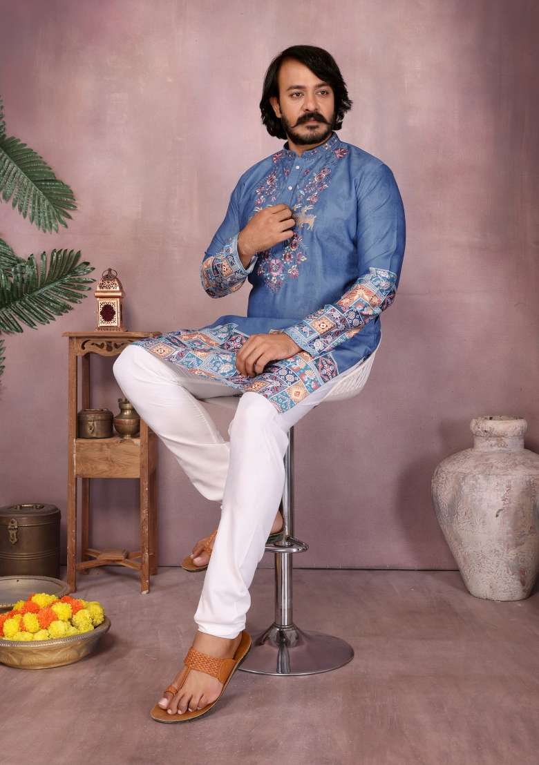 Blue Embroidered Cotton Kurta Pyjama For Men - Indya
