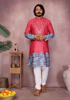 Pink Embroidered Cotton Kurta Pyjama For Men