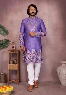 Purple Embroidered Cotton Kurta Pyjama For Men