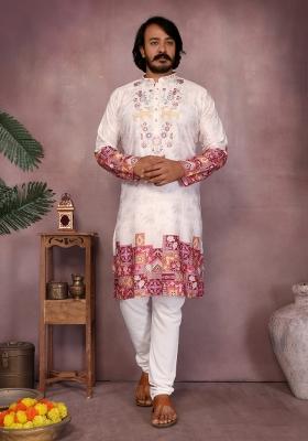 White Embroidered Cotton Kurta Pyjama For Men