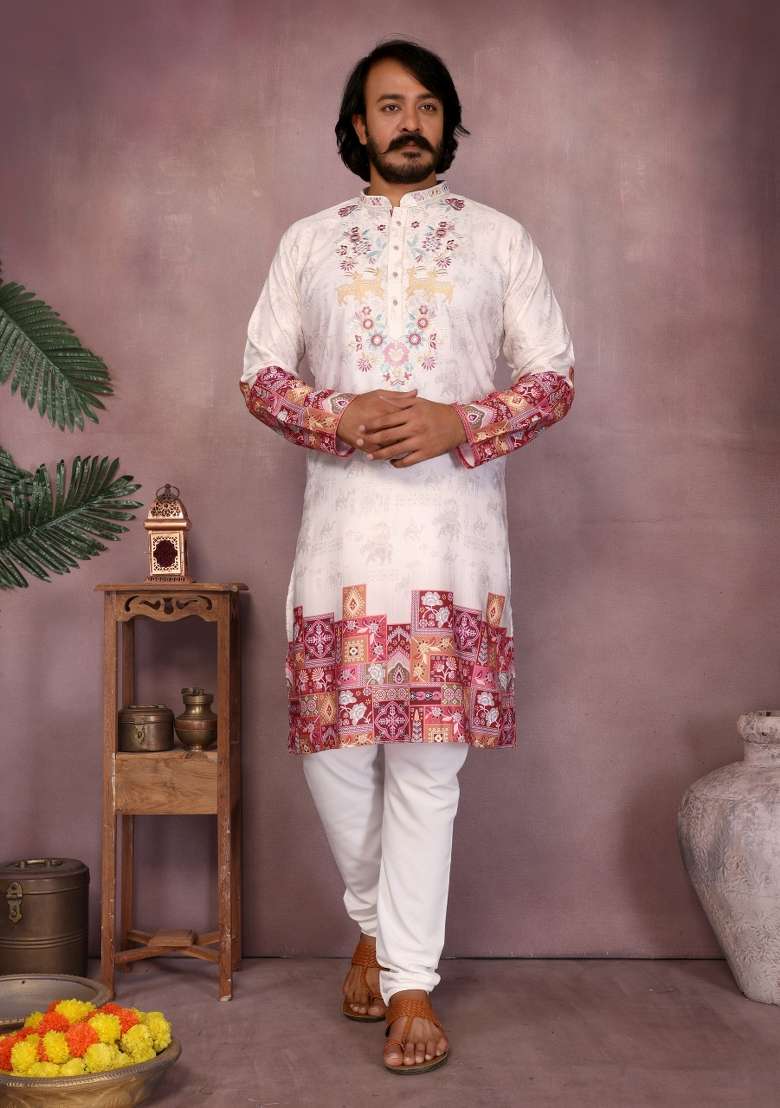 White Embroidered Cotton Kurta Pyjama For Men - Indya