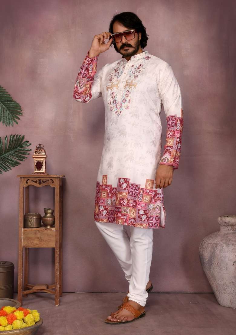 White Embroidered Cotton Kurta Pyjama For Men - Indya