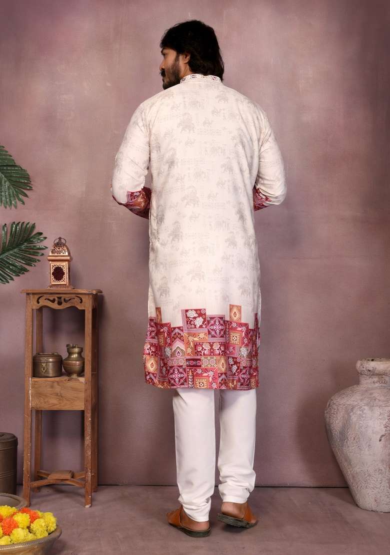 White Embroidered Cotton Kurta Pyjama For Men - Indya