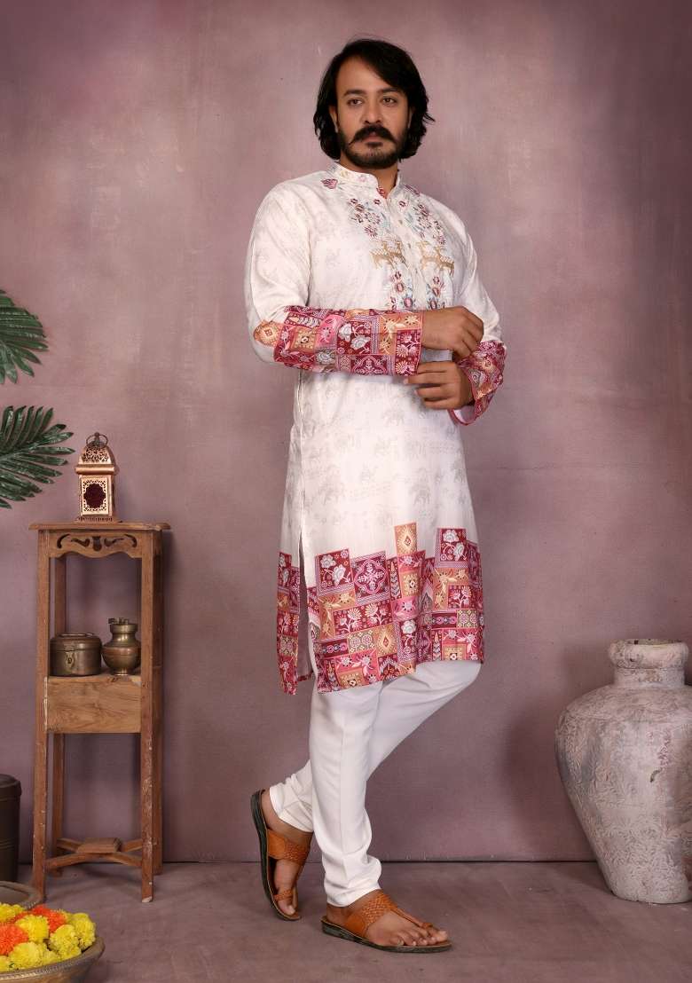 White Embroidered Cotton Kurta Pyjama For Men - Indya
