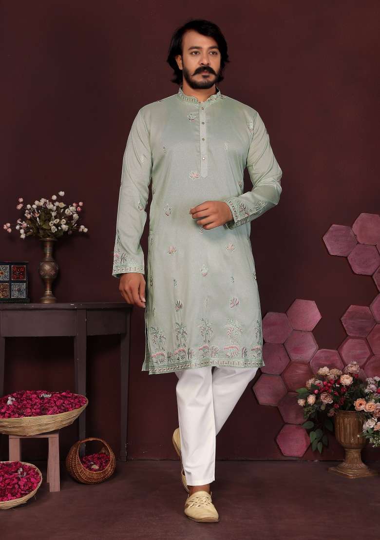 Pista Green Embroidered Silk Blend Kurta Pyjama For Men - Indya