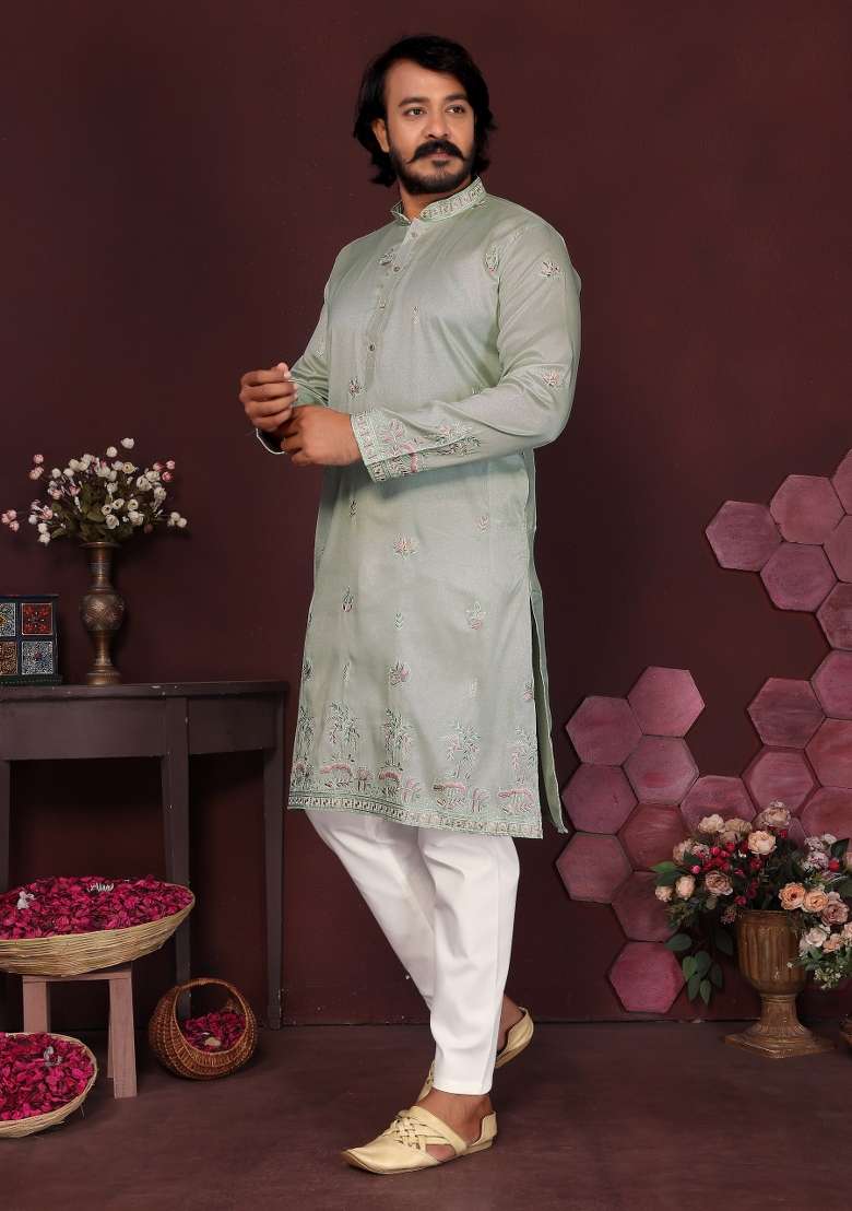 Pista Green Embroidered Silk Blend Kurta Pyjama For Men - Indya