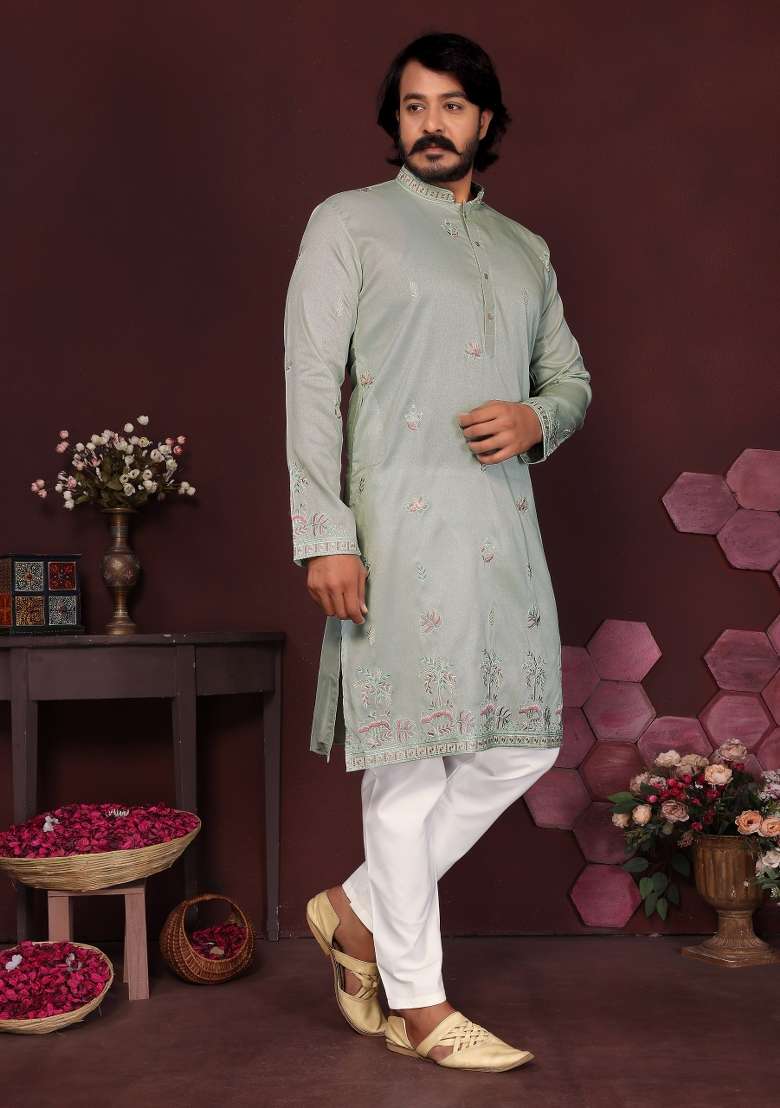 Pista Green Embroidered Silk Blend Kurta Pyjama For Men - Indya