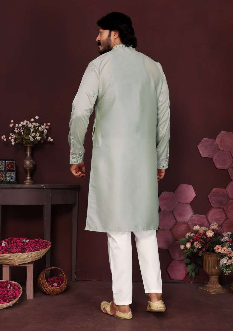 Pista Green Embroidered Silk Blend Kurta Pyjama For Men - Indya