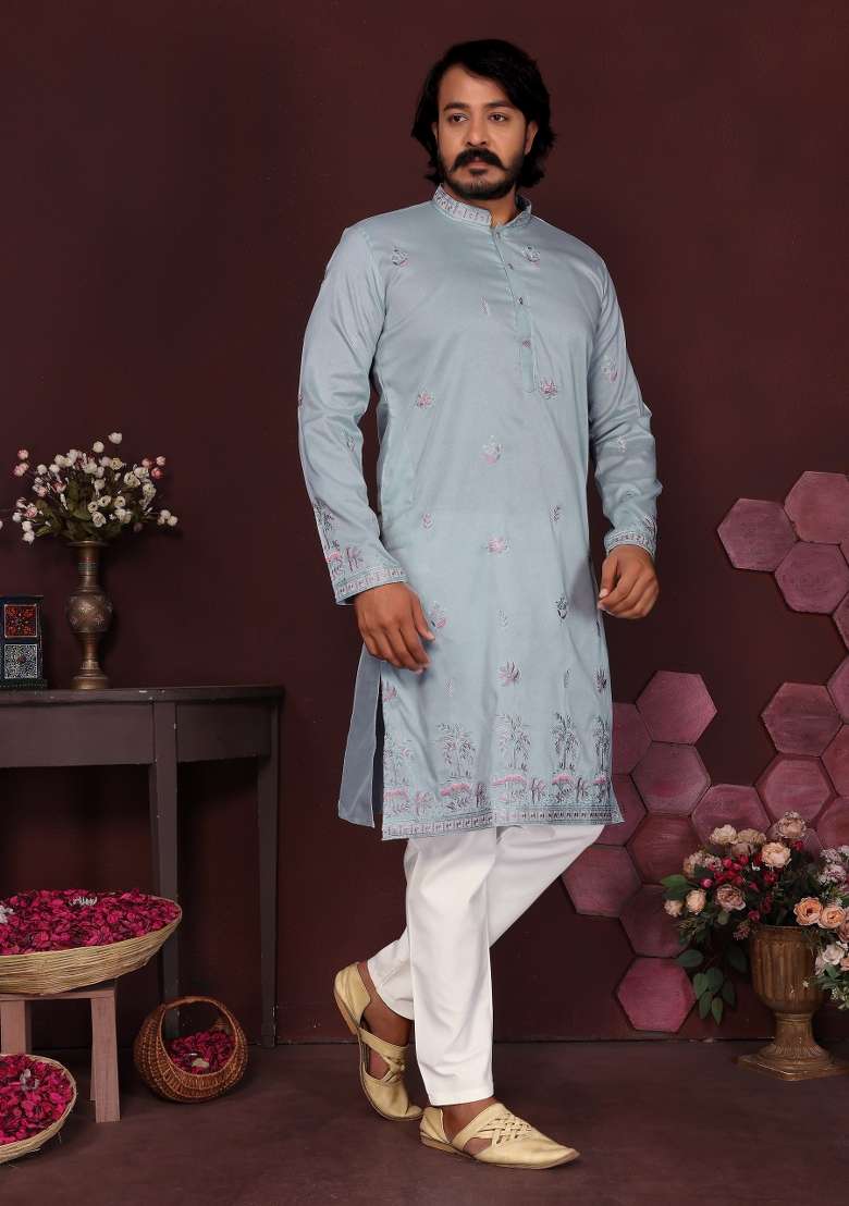 Dusty Blue Embroidered Silk Blend Kurta Pyjama For Men - Indya