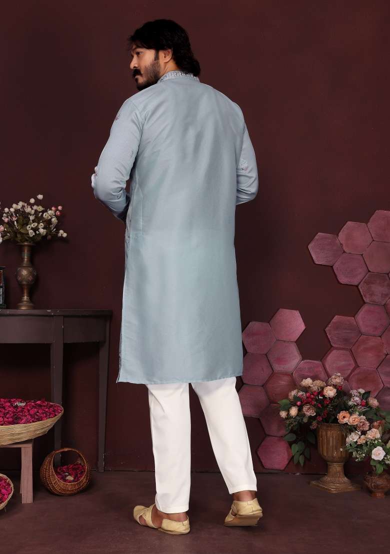 Dusty Blue Embroidered Silk Blend Kurta Pyjama For Men - Indya