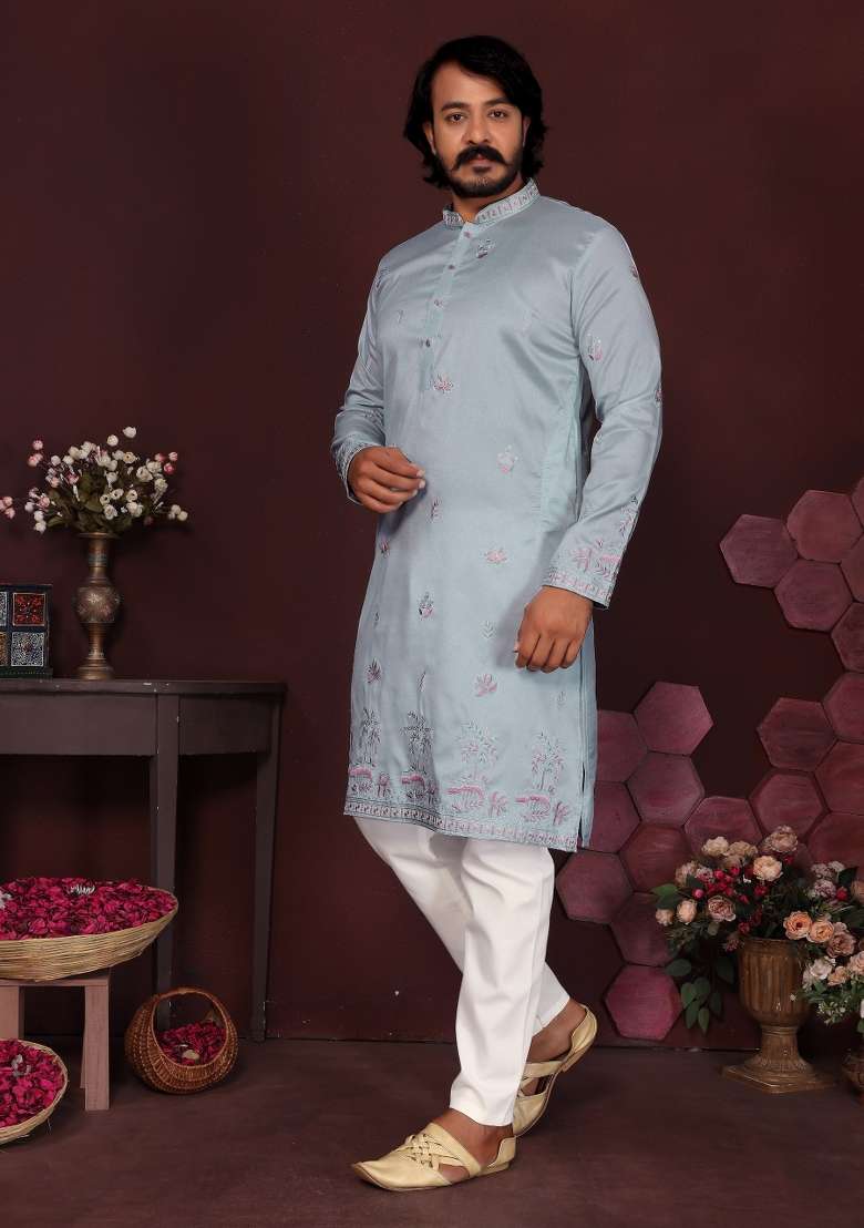 Dusty Blue Embroidered Silk Blend Kurta Pyjama For Men - Indya