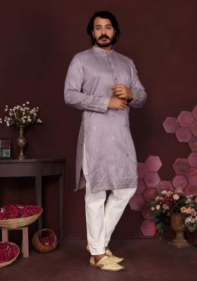 Lavender Embroidered Silk Kurta Pyjama For Men