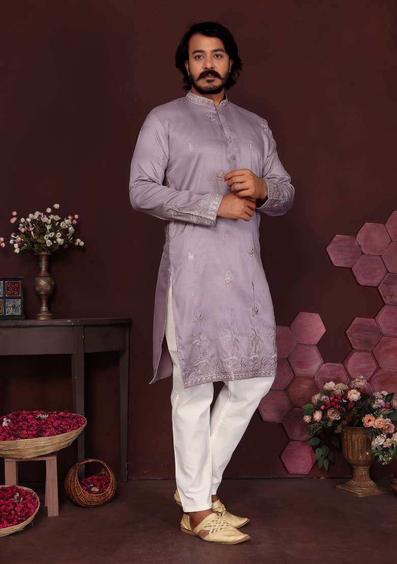 Lavender Embroidered Silk Blend Kurta Pyjama For Men - Indya