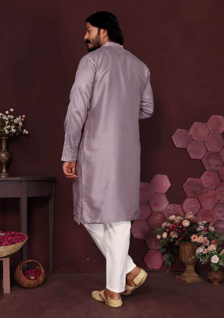 Lavender Embroidered Silk Blend Kurta Pyjama For Men - Indya