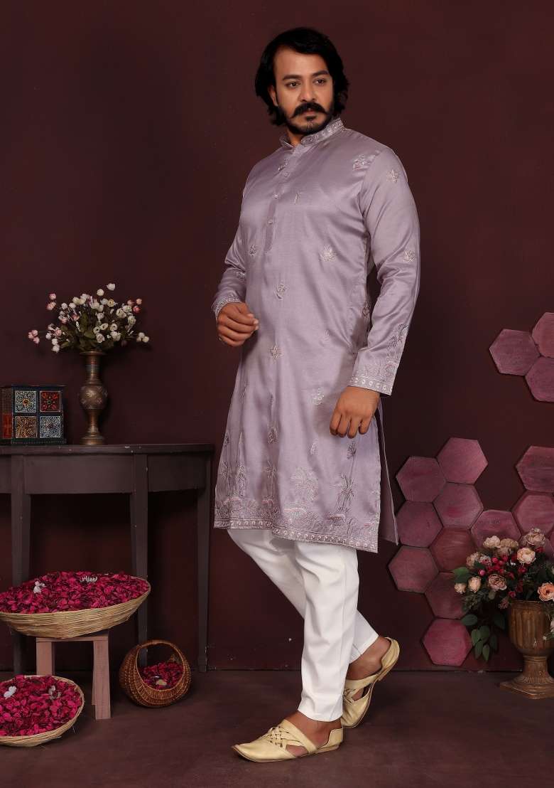 Lavender Embroidered Silk Blend Kurta Pyjama For Men - Indya