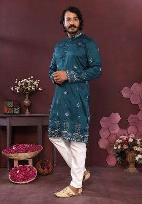 Sea Green Embroidered Silk Kurta Pyjama For Men