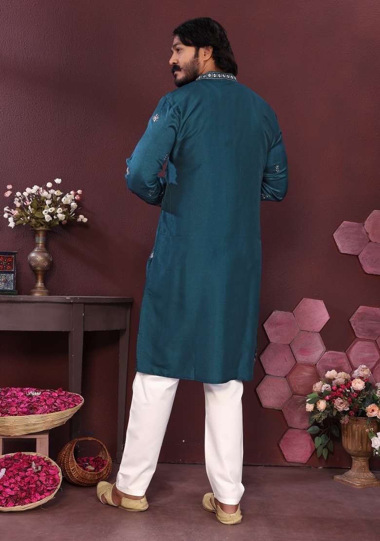 Sea Green Embroidered Silk Blend Kurta Pyjama For Men - Indya