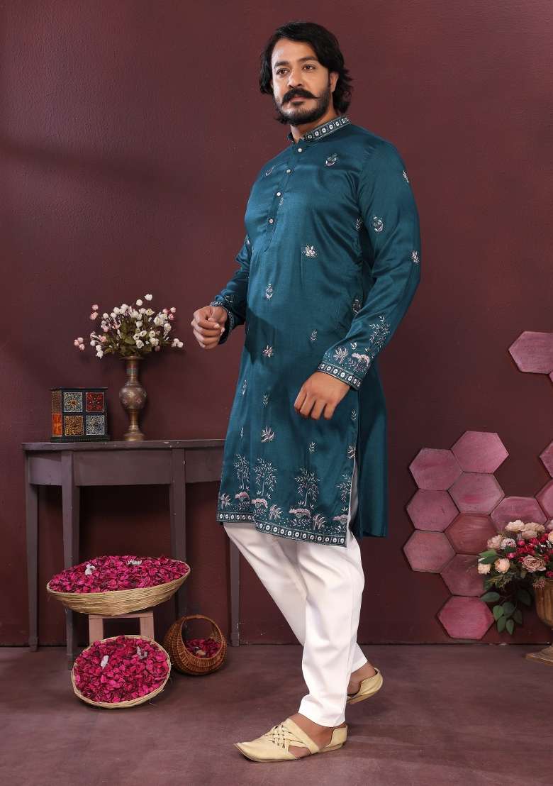 Sea Green Embroidered Silk Blend Kurta Pyjama For Men - Indya