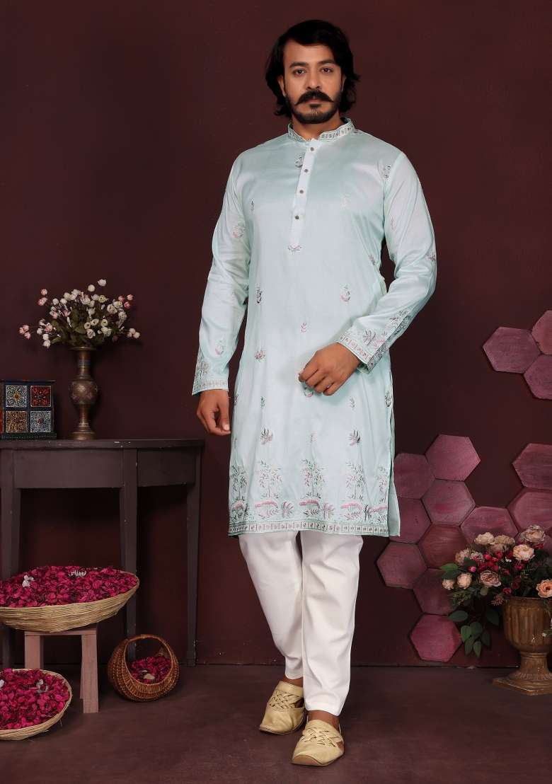 Teal Blue Embroidered Silk Blend Kurta Pyjama For Men - Indya