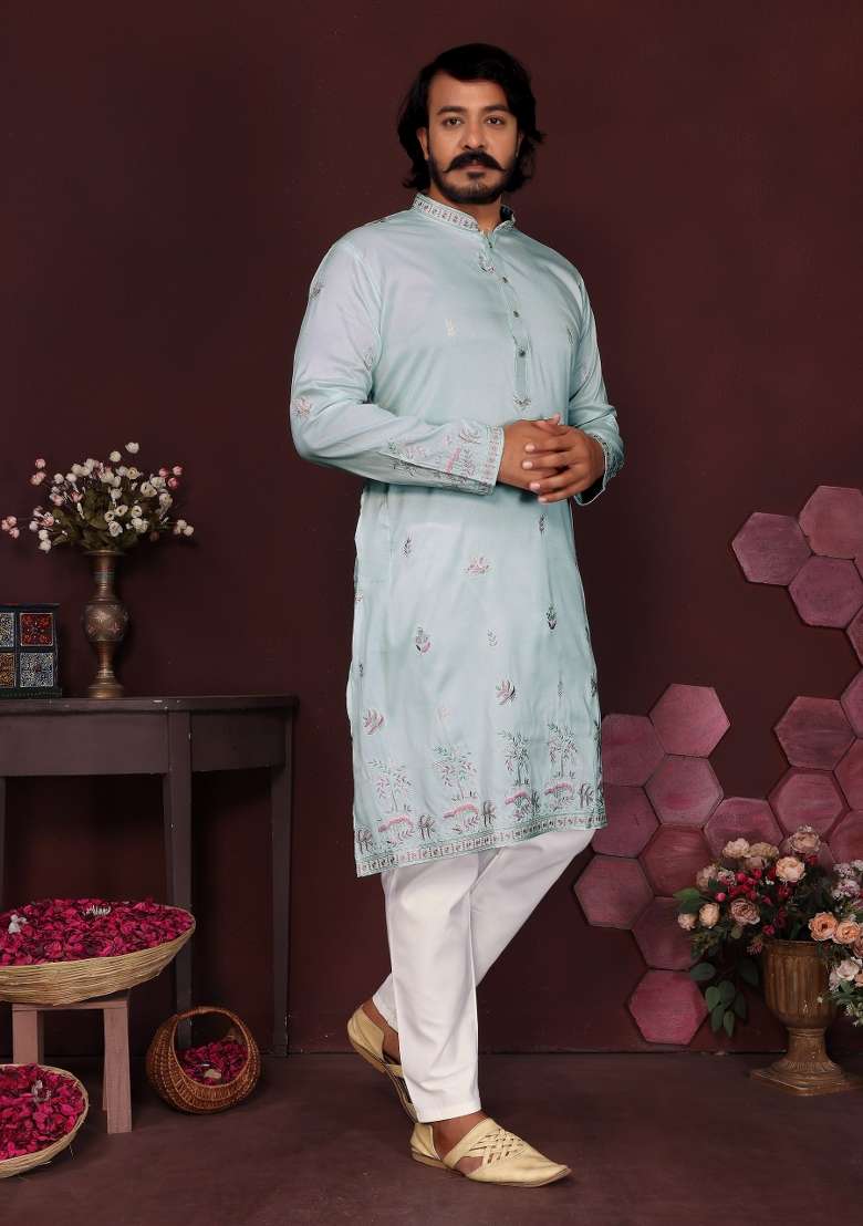 Teal Blue Embroidered Silk Blend Kurta Pyjama For Men - Indya
