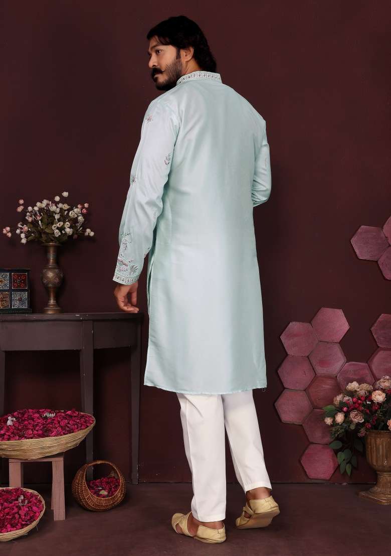 Teal Blue Embroidered Silk Blend Kurta Pyjama For Men - Indya