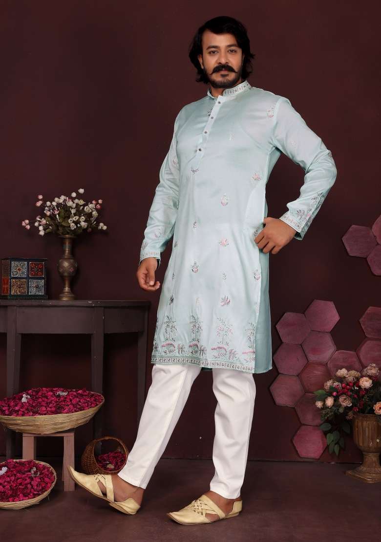 Teal Blue Embroidered Silk Blend Kurta Pyjama For Men - Indya