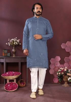 Blue Embroidered Silk Blend Kurta Pyjama For Men