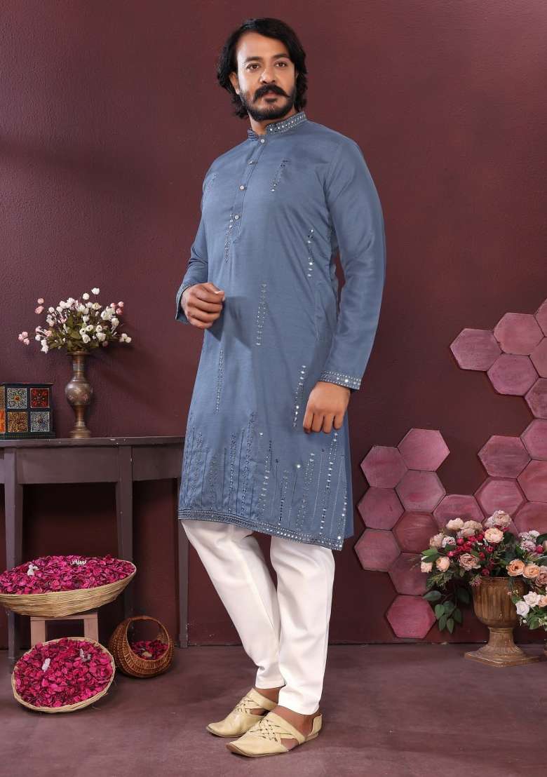 Blue Embroidered Silk Blend Kurta Pyjama For Men - Indya