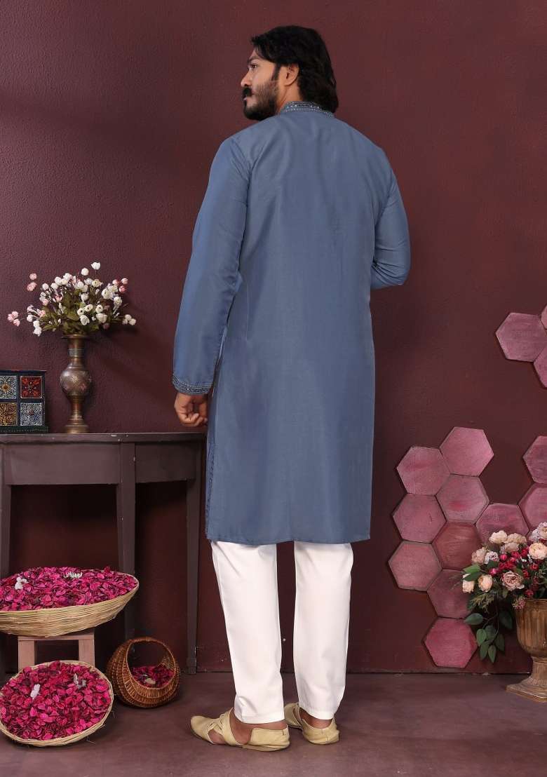 Blue Embroidered Silk Blend Kurta Pyjama For Men - Indya