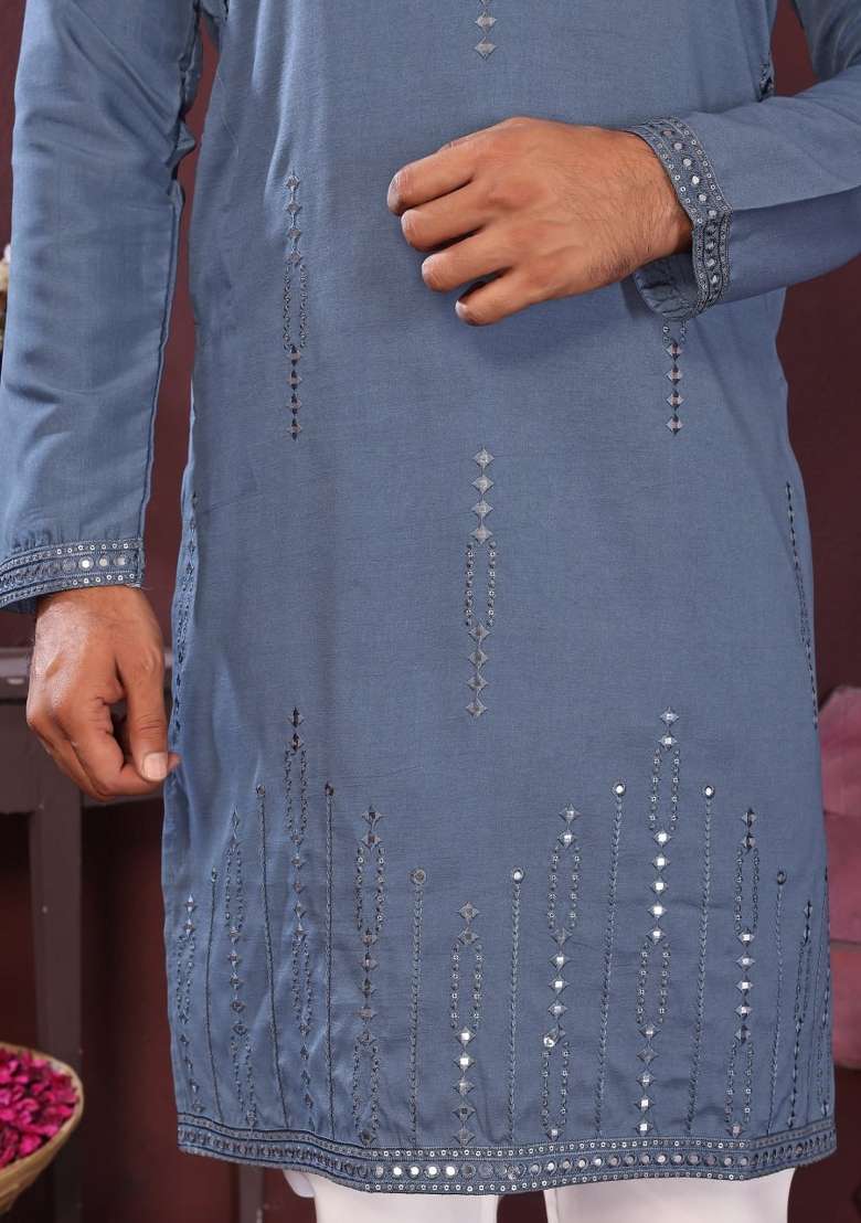 Blue Embroidered Silk Blend Kurta Pyjama For Men - Indya
