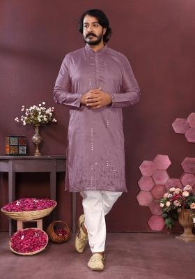 Mauve Embroidered Silk Blend Kurta Pyjama For Men