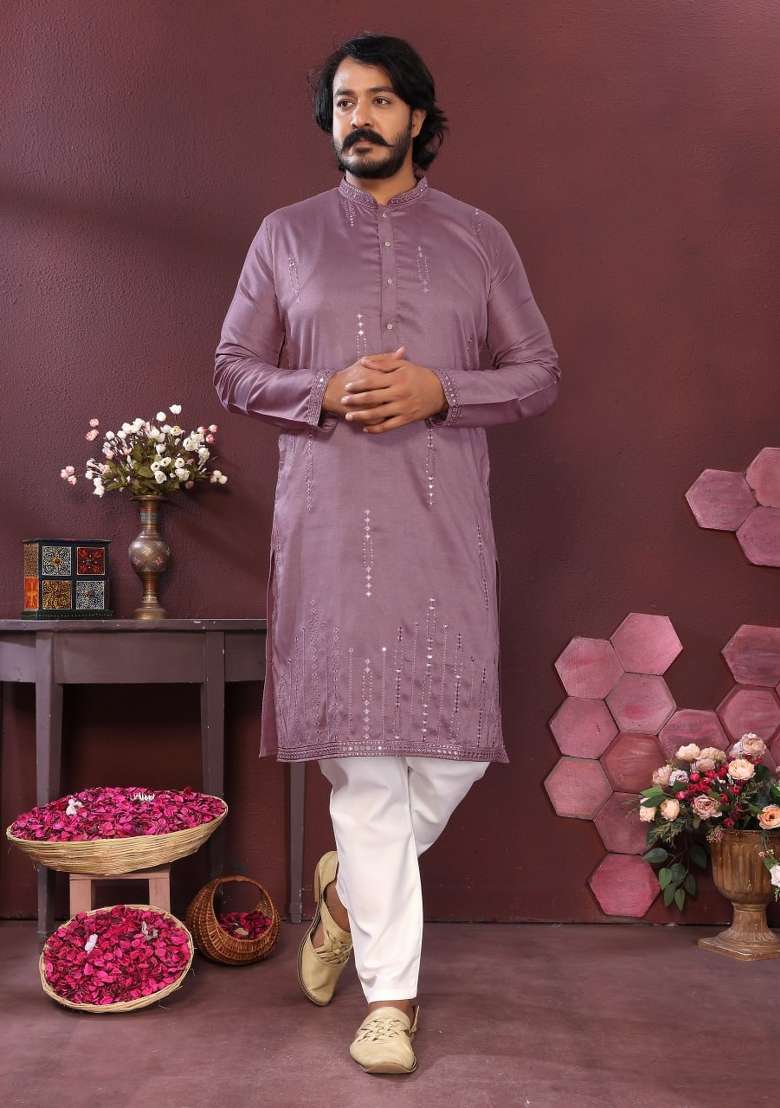 Mauve Embroidered Silk Blend Kurta Pyjama For Men - Indya