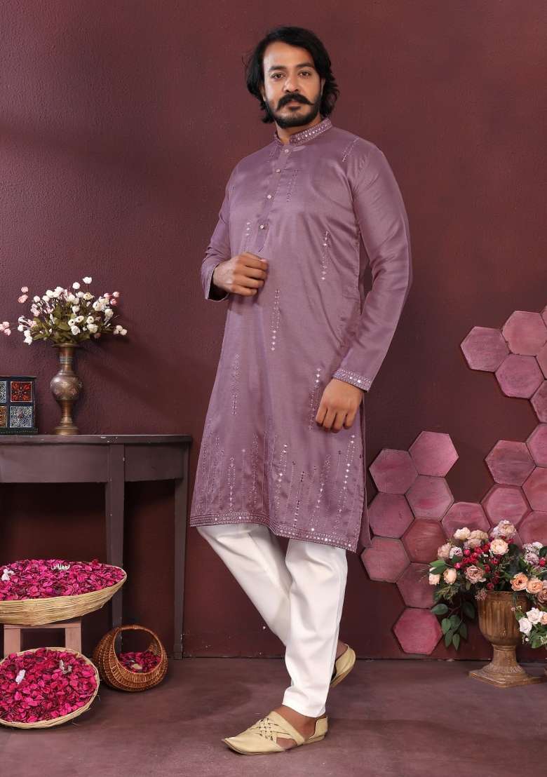 Mauve Embroidered Silk Blend Kurta Pyjama For Men - Indya