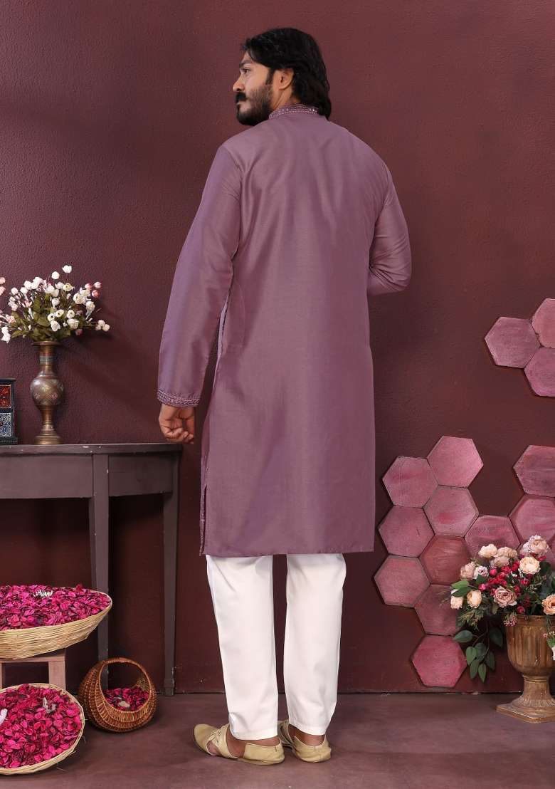 Mauve Embroidered Silk Blend Kurta Pyjama For Men - Indya