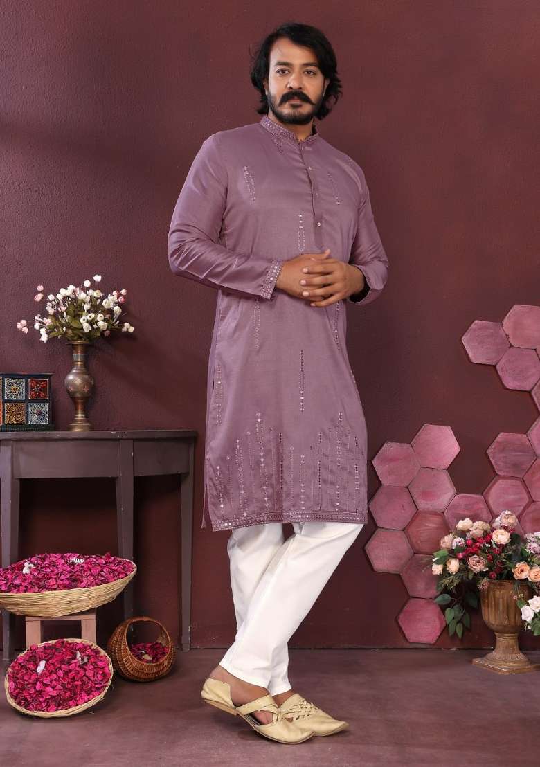Mauve Embroidered Silk Blend Kurta Pyjama For Men - Indya