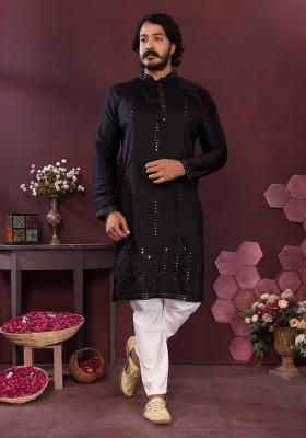 Black Embroidered Silk Kurta Pyjama For Men