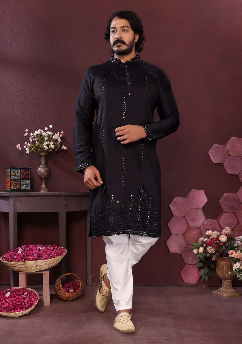 Black Embroidered Silk Blend Kurta Pyjama For Men - Indya
