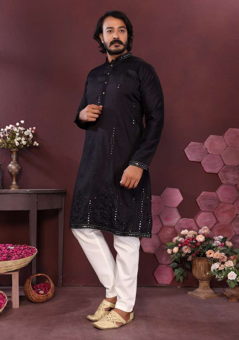 Black Embroidered Silk Blend Kurta Pyjama For Men - Indya
