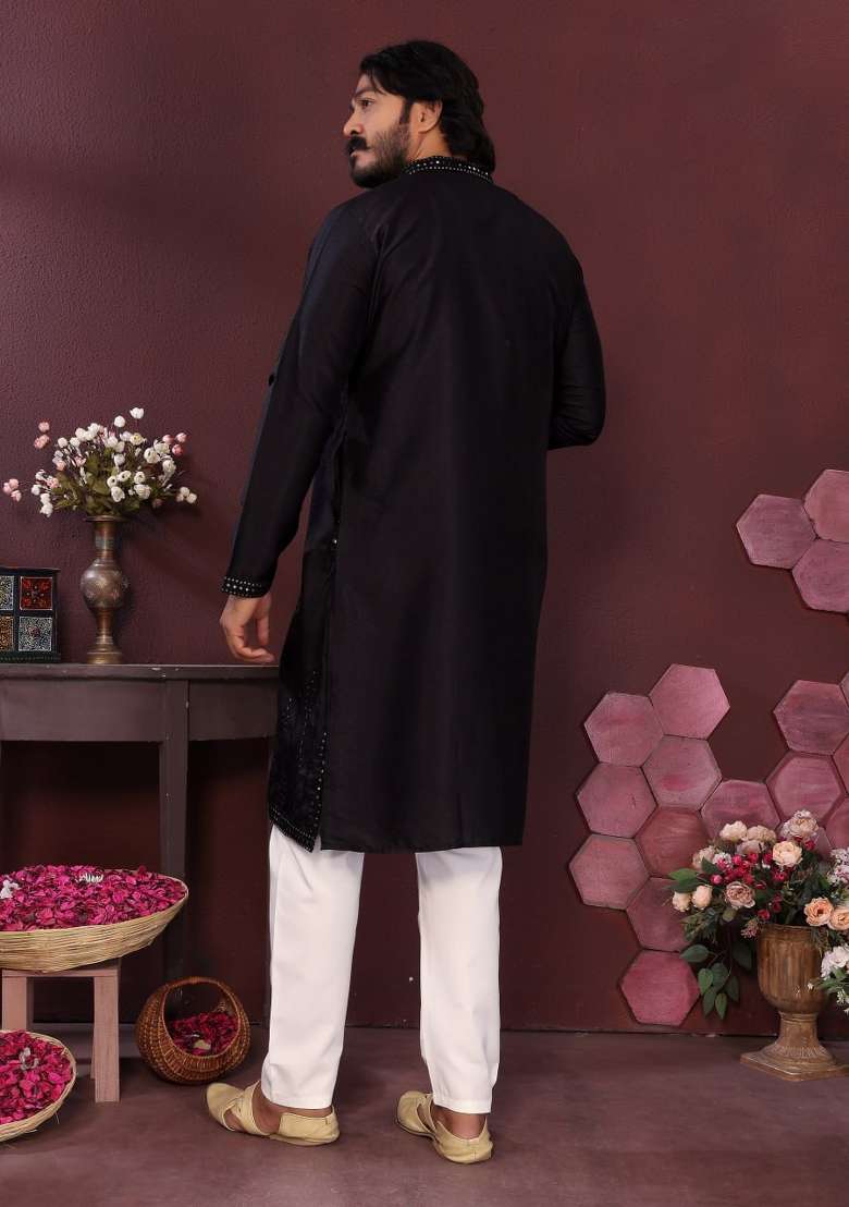 Black Embroidered Silk Blend Kurta Pyjama For Men - Indya