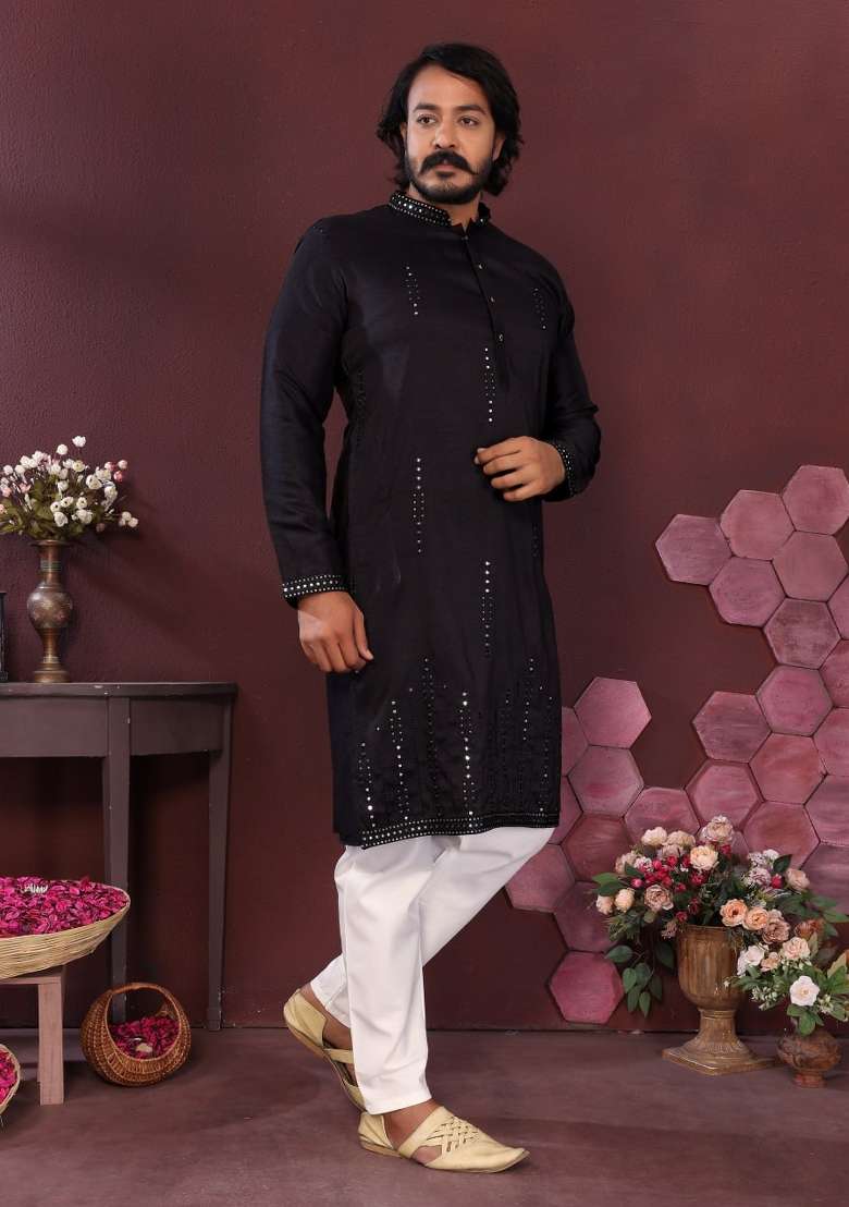 Black Embroidered Silk Blend Kurta Pyjama For Men - Indya