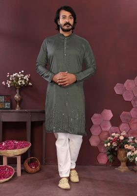 Mehendi Embroidered Silk Blend Kurta Pyjama For Men