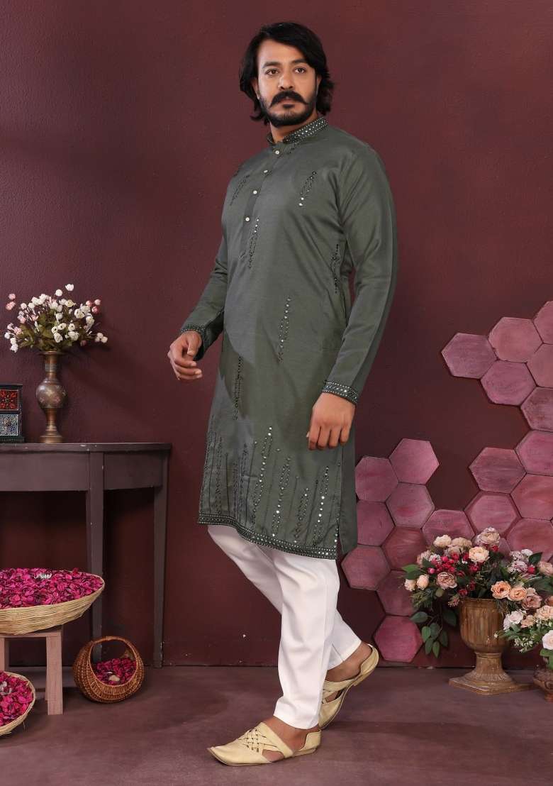 Mehendi Embroidered Silk Blend Kurta Pyjama For Men - Indya