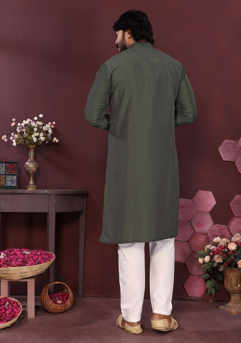 Mehendi Embroidered Silk Blend Kurta Pyjama For Men - Indya