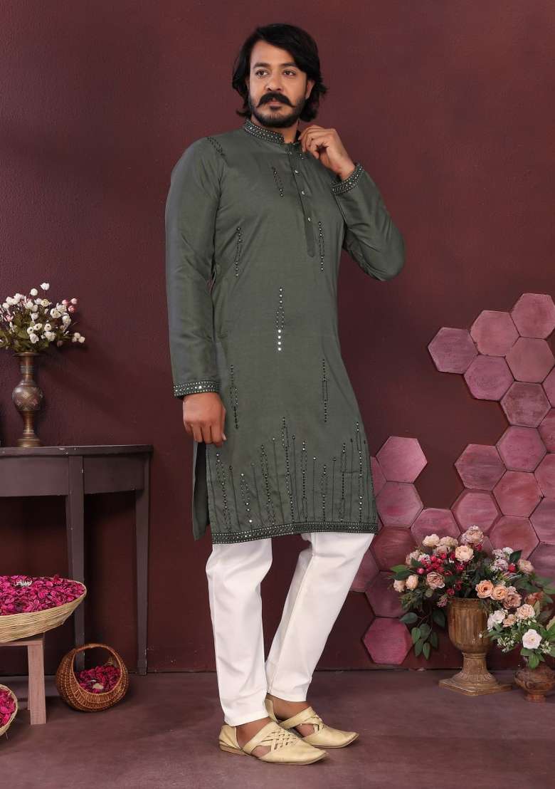 Mehendi Embroidered Silk Blend Kurta Pyjama For Men - Indya