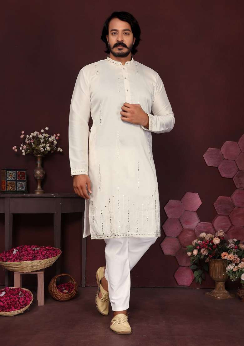 White Embroidered Silk Blend Kurta Pyjama For Men - Indya