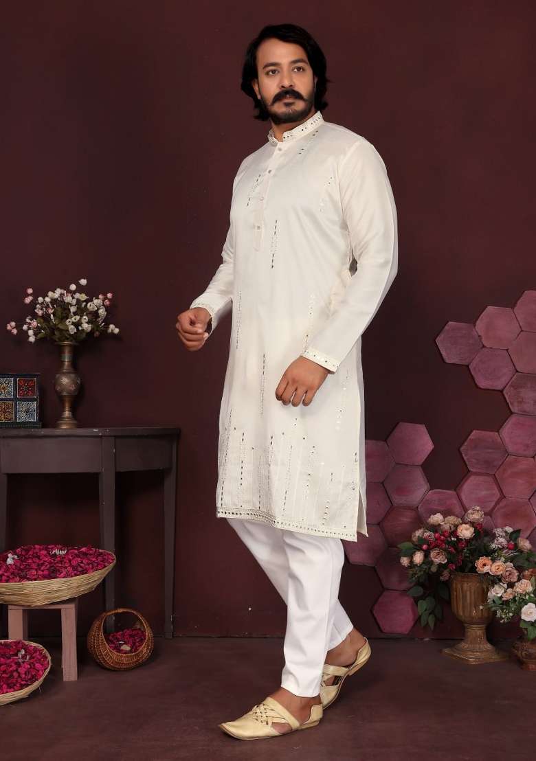 White Embroidered Silk Blend Kurta Pyjama For Men - Indya