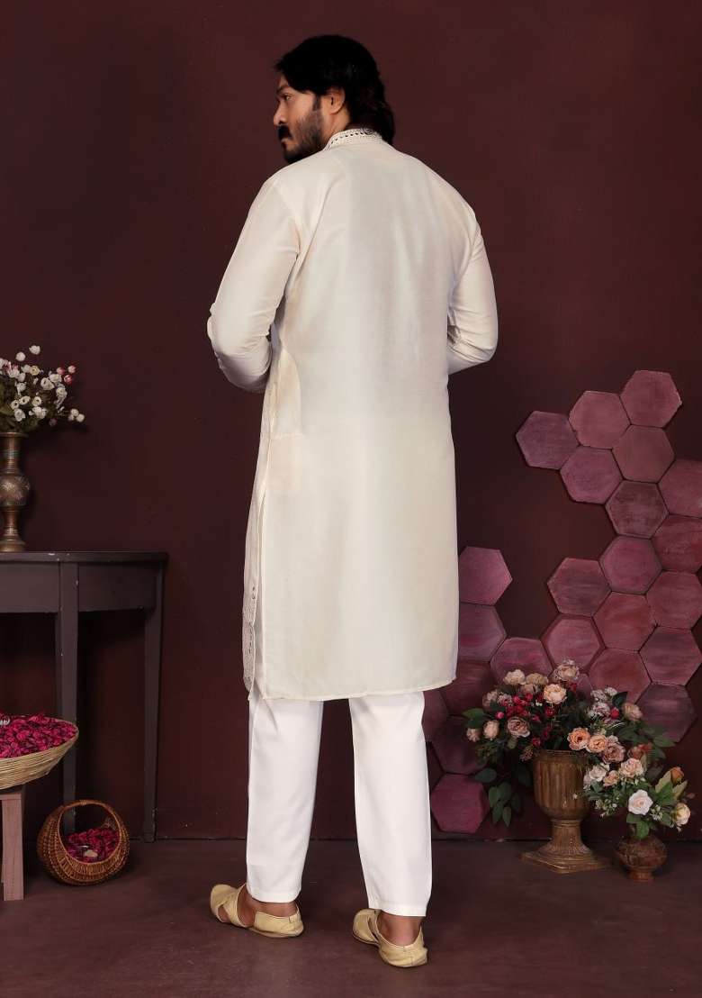 White Embroidered Silk Blend Kurta Pyjama For Men - Indya