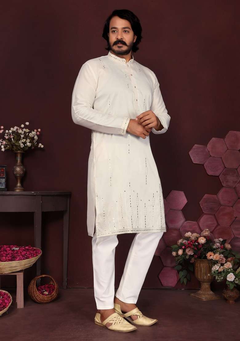White Embroidered Silk Blend Kurta Pyjama For Men - Indya
